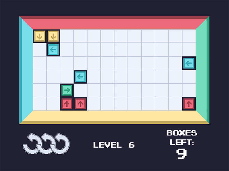 A screenshot from Boxes, showing coloured boxes laid out on a grid. Each box has an arrow pointing in the direction it needs to be moved.